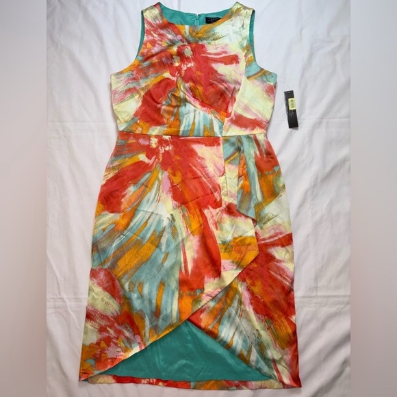 Tahari ASL NWT Nordstrom Size 14P Pink Blue & Orange Spring Office Midi Dress - Picture 1 of 10